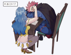 Rule 34 | 1boy, 1girl, bad id, bad pixiv id, blue hair, blue jacket, blue pants, cape, chair, closed eyes, commentary request, creatures (company), desk, drawing on another&#039;s face, elite four, game freak, high heels, holding, holding pen, jacket, john (user wmrz3824), karen (pokemon), lance (pokemon), long hair, nintendo, pants, paper, pen, pokemon, pokemon hgss, red hair, shirt, sitting, sleeping, spiked hair, translation request, white pants, writing on face, yellow footwear, yellow shirt