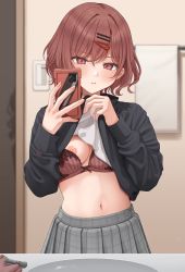 Rule 34 | 1girl, absurdres, blush, bra, bra lift, breasts, cellphone, clothes lift, commentary request, flashing, hair ornament, hairclip, highres, higuchi madoka, idolmaster, idolmaster shiny colors, lace, lace-trimmed bra, lace trim, long sleeves, looking at viewer, mirror, mole, mole under eye, navel, nipples, phone, pink eyes, red hair, selfie, shirt, shirt lift, short hair, skirt, small breasts, smartphone, solo, sweat, takio (kani sama), underwear
