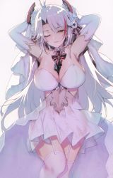 Rule 34 | 1girl, absurdres, antenna hair, armpits, arms behind head, azur lane, backlighting, between breasts, blush, breasts, bridal gauntlets, bridal veil, brown eyes, cleavage, commentary request, covered navel, dress, elbow gloves, floating hair, garter straps, gloves, grey background, head tilt, headgear, highres, katsurai yoshiaki, large breasts, long hair, looking at viewer, mole, mole on breast, multicolored hair, navel, one eye closed, open mouth, prinz eugen (azur lane), prinz eugen (symphonic fate) (azur lane), red hair, silver hair, simple background, smile, solo, standing, streaked hair, swept bangs, thighhighs, two side up, veil, very long hair, wedding dress, white dress, white gloves, white thighhighs, wide hips