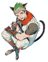 Rule 34 | 1boy, animal ears, cat ears, cat tail, chopsticks, forehead protector, genji (overwatch), green hair, headband, japanese clothes, kemonomimi mode, male focus, muyihui, overwatch, overwatch 1, scarf, solo, tail, young genji