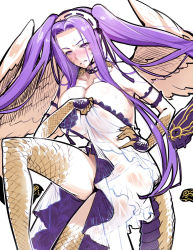 Rule 34 | 1girl, akinaie, alternate costume, areola slip, blush, breasts, clenched teeth, cosplay, dress, embarrassed, euryale (fate), euryale (fate) (cosplay), fate/grand order, fate (series), feathered wings, female focus, frills, gorgon (fate), gorgon (third ascension) (fate), hairband, huge breasts, lips, long hair, medusa (fate), medusa (rider) (fate), monster girl, purple eyes, purple hair, rider, scales, see-through, sidelocks, snake, snake tail, solo, sweat, tail, teeth, twintails, undersized clothes, white dress, wings