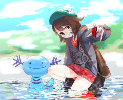 Rule 34 | 1girl, absurdres, aiueo otoko, backpack, bag, blush, bob cut, boots, brown bag, brown eyes, brown footwear, brown hair, buttons, cable knit, cardigan, closed mouth, cloud, collared dress, commentary request, creatures (company), day, dress, game freak, gen 2 pokemon, gloria (pokemon), green headwear, grey cardigan, hat, highres, holding, holding poke ball, hooded cardigan, huge filesize, kneeling, nintendo, outdoors, plaid, plaid legwear, poke ball, poke ball (basic), pokemon, pokemon (creature), pokemon swsh, red dress, short hair, sky, smile, socks, tam o&#039; shanter, water, wet, wet clothes, wooper