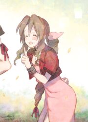 Rule 34 | 1boy, 1girl, aerith gainsborough, arm ribbon, armor, bad id, bad pixiv id, bangle, blush, bracelet, braid, braided ponytail, breasts, brown hair, center opening, choker, cleavage, closed eyes, cloud strife, cropped jacket, dated, dress, final fantasy, final fantasy vii, final fantasy vii advent children, hair ribbon, jacket, jewelry, krudears, leaning forward, long dress, long hair, medium breasts, open mouth, out of frame, parted bangs, pink dress, pink ribbon, pointing, red jacket, red ribbon, ribbon, ribbon choker, short sleeves, shoulder armor, sidelocks, smile, square enix, twitter username