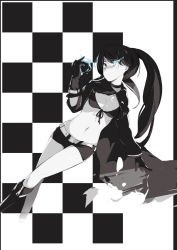 Rule 34 | 10s, 1girl, bad id, bad pixiv id, bikini, bikini top only, black hair, black rock shooter, black rock shooter (character), female focus, glowing, glowing eyes, greyscale, hood, hoodie, monochrome, sakura sora, short shorts, shorts, solo, spot color, swimsuit, twintails, uneven twintails, vocaloid, zipper