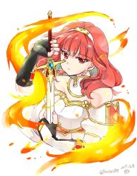 Rule 34 | 1girl, 2017, bare shoulders, black gloves, celica (fire emblem), dress, fingerless gloves, fire, fire emblem, fire emblem echoes: shadows of valentia, gloves, long hair, nintendo, red eyes, red hair, serious, simple background, solo, strapless, strapless dress, sword, tiara, twitter username, upper body, weapon, white background, yukia (firstaid0)