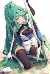Rule 34 | 1girl, absurdres, breasts, chest jewel, cleavage, female focus, full body, gloves, green eyes, green hair, highres, holding, holding weapon, jewelry, kiiro kimi, kneeling, large breasts, long hair, matching hair/eyes, nintendo, pneuma (xenoblade), ponytail, simple background, smile, solo, spoilers, swept bangs, thighhighs, tiara, very long hair, weapon, xenoblade chronicles (series), xenoblade chronicles 2