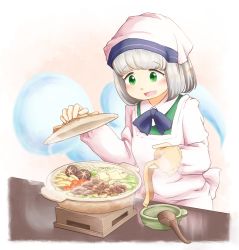 Rule 34 | 1girl, apron, arms up, black ribbon, blunt bangs, bowl, cabbage, calcmis gowa, carrot, commentary request, cooking, counter, food, gradient background, green eyes, green vest, highres, kappougi, konpaku youmu, konpaku youmu (ghost), looking down, mushroom, nabe, neck ribbon, open mouth, pink background, ribbon, short hair, silver hair, solo, standing, steam, tenugui, tofu, touhou, towel, upper body, vest, wooden spoon