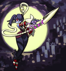 Rule 34 | 1girl, alex ahad, bare shoulders, blue hair, blue skin, breasts, colored skin, detached sleeves, frown, hair over one eye, highres, leviathan (skullgirls), long hair, official art, ponytail, red eyes, side ponytail, skullgirls, solo, squigly (skullgirls), stitched mouth, stitches, striped legwear