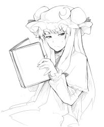 Rule 34 | 1girl, abubu, book, capelet, crescent, greyscale, hat, long hair, long sleeves, looking at viewer, monochrome, patchouli knowledge, sitting, solo, sweatdrop, touhou
