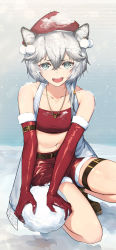 Rule 34 | 1girl, :d, absurdres, alternate costume, animal ears, arknights, bare shoulders, christmas, cliffheart (arknights), collarbone, elbow gloves, fur-trimmed gloves, fur-trimmed shorts, fur trim, gloves, green eyes, highres, holding, jewelry, leopard ears, looking at viewer, midriff, navel, necklace, on one knee, open clothes, open mouth, red gloves, red headwear, red shorts, short hair, shorts, silver hair, sleeveless, smile, snow, snowball, solo, strapless, thigh strap, tube top, v-shaped eyebrows, vchan