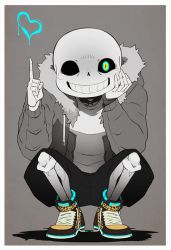 Rule 34 | 1boy, animated, animated gif, glowing, glowing eye, heart, just peachy, looking at viewer, male focus, pointing, pointing up, sans (undertale), skeleton, smile, solo, spot color, squatting, undertale
