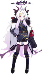 Rule 34 | 1girl, absurdres, ahoge, aiguillette, bburi, black coat, black footwear, black horns, black thighhighs, blue archive, boots, coat, coat on shoulders, demon horns, halo, highres, hina (blue archive), horns, knee boots, long hair, long sleeves, military uniform, multiple horns, open mouth, parted bangs, purple eyes, simple background, solo, thighhighs, uniform, very long hair, white background, white hair