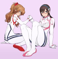 Rule 34 | 2girls, blue eyes, bodysuit, breasts, brown hair, closed mouth, evangelion: 3.0+1.0 thrice upon a time, eyebrows hidden by hair, eyepatch, glasses, hair ornament, hairband, hand on floor, highres, holding hands, interface headset, kneeling, long hair, looking at viewer, looking away, low twintails, makinami mari illustrious, medium breasts, multicolored bodysuit, multicolored clothes, multiple girls, neon genesis evangelion, pilot suit, pink background, plugsuit, rebuild of evangelion, red-framed eyewear, semi-rimless eyewear, shigenobu, simple background, smile, souryuu asuka langley, twintails, white bodysuit