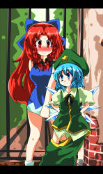 Rule 34 | 2girls, bad id, bad pixiv id, bajiru, blue eyes, blue hair, blush, bow, braid, china dress, chinese clothes, cirno, cirno (cosplay), cosplay, costume switch, dress, dress tug, embarrassed, hair bow, hat, hong meiling, hong meiling (cosplay), long hair, multiple girls, oversized clothes, red eyes, red hair, short hair, smile, star (symbol), sweatdrop, embodiment of scarlet devil, touhou, twin braids, undersized clothes, wings