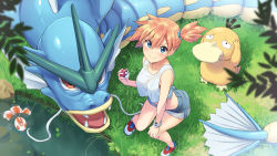 Rule 34 | 1girl, absurdres, blue eyes, blush, bracelet, closed mouth, commentary request, creatures (company), eyelashes, from above, game freak, gen 1 pokemon, goldeen, grass, grey shorts, gyarados, hand on own knee, highres, holding, holding poke ball, jewelry, looking at viewer, misty (pokemon), nintendo, orange hair, poke ball, poke ball (basic), pokemon, pokemon (creature), pokemon lgpe, pond, psyduck, shirt, shoes, short hair, shorts, side ponytail, sleeveless, sleeveless shirt, smile, standing, tenkuu nozora, water, white shirt