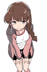 Rule 34 | 10s, 1girl, absurdres, aomushi (mushamusha), bike shorts, black shorts, braid, brown eyes, brown hair, closed mouth, commentary, cowboy shot, girls und panzer, gym shirt, gym uniform, hair ornament, hair over shoulder, hair tie, hairclip, hands on own thighs, highres, jacket, long hair, long sleeves, looking at viewer, open clothes, open jacket, pink jacket, rukuriri (girls und panzer), shirt, shorts, simple background, single braid, sketch, smile, solo, standing, track jacket, white background, white shirt