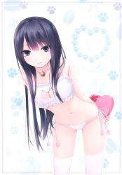 Rule 34 | 1girl, absurdres, arms behind back, bare arms, bare shoulders, bell, black hair, bow, box, box of chocolates, bra, breasts, cat cutout, cat ear panties, cat lingerie, choker, cleavage, clothing cutout, coffee-kizoku, collarbone, cowboy shot, frilled bra, frills, heart-shaped box, highres, holding, leaning forward, legs apart, long hair, looking at viewer, medium breasts, meme attire, navel, neck bell, original, panties, parted lips, paw print, paw print background, purple eyes, red bow, ribbon, scan, side-tie panties, solo, standing, stomach, thighhighs, underwear, underwear only, white bra, white panties, white ribbon, white thighhighs