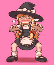 Rule 34 | 1girl, apron, black footwear, black hat, black skirt, black vest, blonde hair, blush, bow, braid, closed eyes, commentary request, cookie (touhou), drooling, full body, hair bow, hat, hat bow, highres, kirisame marisa, long hair, looking at viewer, mary janes, nose blush, open mouth, pink background, reaching, reaching towards viewer, red bow, shoes, side braid, simple background, single braid, skirt, skirt set, smile, socks, solo, standing, star (symbol), suzu (cookie), teeth, touhou, tsukuru hajime, upper teeth only, vest, waist apron, white bow, white socks, witch hat