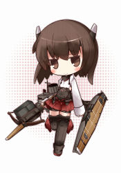 Rule 34 | 10s, 1girl, blush, bow (weapon), brown eyes, brown hair, chibi, cocozasa, crossbow, headband, holding, kantai collection, looking at viewer, short hair, simple background, smile, solo, taihou (kancolle), weapon