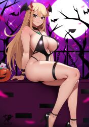 Rule 34 | 1girl, bare shoulders, black leotard, blonde hair, blush, breasts, chest jewel, cleavage, demon girl, earrings, halloween, halloween costume, headpiece, high heels, jewelry, kaos art, large breasts, leotard, long hair, looking at viewer, mythra (xenoblade), paid reward available, smile, solo, swept bangs, thick thighs, thighs, tiara, very long hair, xenoblade chronicles (series), xenoblade chronicles 2, yellow eyes
