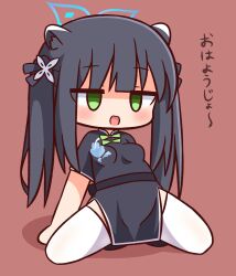 Rule 34 | 1girl, :d, arm support, black dress, black footwear, black hair, blue archive, bow, breasts, brown background, china dress, chinese clothes, commentary request, dress, empty eyes, full body, green bow, green eyes, halo, hana kazari, highres, long hair, looking at viewer, open mouth, revision, shadow, shoes, short sleeves, shun (blue archive), shun (small) (blue archive), small breasts, smile, solo, spread legs, thighhighs, translation request, twintails, very long hair, white thighhighs