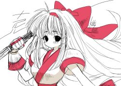 Rule 34 | 1girl, ainu clothes, artist name, black eyes, breasts, clenched hand, fingerless gloves, gloves, hair ribbon, highres, large breasts, long hair, looking at viewer, nakoruru, ribbon, samurai spirits, snk, solo, the king of fighters, weapon