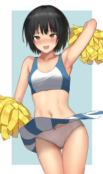 Rule 34 | :d, absurdres, amagami, arm up, armpits, bare shoulders, black hair, blue background, blue skirt, blue sports bra, blush, border, bow, bow panties, breasts, brown eyes, cheering, cheerleader, clothes lift, collarbone, commentary, commission, embarrassed, highres, itsuki nofuji, looking at viewer, midriff, nanasaki ai, navel, nose blush, open mouth, outside border, paid reward available, panties, pink bow, pom pom (cheerleading), raised eyebrows, short hair, simple background, skeb commission, skirt, skirt lift, small breasts, smile, sports bra, standing, striped clothes, striped skirt, thigh gap, two-tone skirt, two-tone sports bra, underwear, vertical-striped clothes, vertical-striped skirt, white border, white panties, white skirt, white sports bra, wind, wind lift