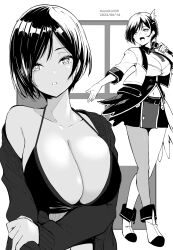 Rule 34 | 1girl, artist name, black bra, bra, breasts, cleavage, collarbone, commentary request, dated, full body, greyscale, hair ornament, highres, holding, holding microphone, kichihachi, large breasts, looking at viewer, microphone, monochrome, multiple views, music, navel, open mouth, original, parted lips, short hair, singing, single leg pantyhose, skirt, standing, underwear, upper body