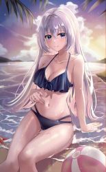 Rule 34 | 1girl, absurdres, arm support, ball, bare arms, bare legs, beachball, bikini, black bikini, breasts, cleavage, cloud, cloudy sky, collarbone, evening, frilled bikini, frills, hair between eyes, halterneck, hand on own stomach, highres, large breasts, leaf, long hair, looking at viewer, mole, mole on breast, multi-strapped bikini, navel, ocean, original, outdoors, purple eyes, sidelocks, silverrain 72, sitting, sky, smile, solo, sparkle, starfish, stomach, swimsuit, thighs, very long hair, water, white hair