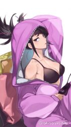 1girl akisa_yositake bikini black_bikini black_hair blunt_bangs breasts collarbone commentary_request controller game_controller han_juri highres holding holding_controller holding_game_controller hood hooded_pajamas large_breasts looking_at_viewer mouth_hold pajamas pink_pajamas short_hair sidelocks simple_background sitting solo street_fighter street_fighter_6 swimsuit twintails twitter_username white_background