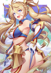 Rule 34 | 1girl, armor, ass, bare shoulders, bikini, bikini pull, blonde hair, blue bikini, blue eyes, blue sky, blush, border, bradamante (fate), bradamante (third ascension) (fate), braid, breasts, clothes pull, day, elbow gloves, fate/grand order, fate (series), faulds, french braid, gloves, gold trim, hair between eyes, hair ornament, halterneck, hayate (leaf98k), highres, large breasts, long hair, looking at viewer, looking back, open mouth, sky, smile, solo, sparkle, swimsuit, thighs, twintails, two-tone bikini, very long hair, weapon, white bikini, white border