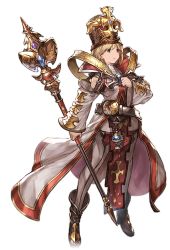 Rule 34 | 10s, 1girl, alpha transparency, bishop (granblue fantasy), blonde hair, bob cut, boots, brown eyes, coat, djeeta (granblue fantasy), full body, granblue fantasy, hand on own chest, hat, minaba hideo, mitre, open mouth, pantyhose, scepter, solo, tabard, transparent background, white pantyhose