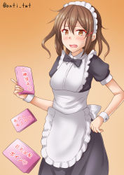 Rule 34 | 1girl, anti (untea9), apron, armlet, black bow, black bowtie, blush, bow, bowtie, brown eyes, brown hair, commentary request, gradient background, hair ornament, hairclip, highres, holding, ikazuchi (kancolle), kantai collection, looking at viewer, maid, maid headdress, notebook, open mouth, orange background, short hair, solo, twitter username, waist apron, white apron
