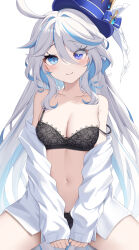 Rule 34 | 1girl, ahoge, bare shoulders, black bra, blue eyes, blue hair, blue hat, blush, bra, breasts, cleavage, collarbone, commentary request, furina (genshin impact), genshin impact, hair intakes, hat, highres, long hair, medium breasts, multicolored hair, navel, nyuu (pixiv12143565), open clothes, open shirt, shirt, solo, stomach, strap slip, streaked hair, thighs, top hat, underwear, white hair, white shirt