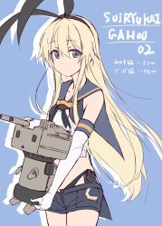 Rule 34 | 1girl, black neckerchief, black panties, blonde hair, blue background, blue sailor collar, blue shorts, commentary request, cowboy shot, crop top, elbow gloves, gloves, grey eyes, highleg, highleg panties, highres, kantai collection, long hair, minosu, neckerchief, original remodel (kantai collection), panties, rensouhou-chan, romaji text, sailor collar, shimakaze (kancolle), shorts, simple background, solo, translation request, underwear, white gloves