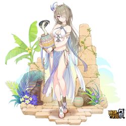 Rule 34 | 1girl, bare legs, bare shoulders, benghuai xueyuan, bracelet, breasts, full body, hair ornament, holding, honkai (series), jewelry, long hair, looking at viewer, midriff, official art, rita rossweisse, sandals, smile, snake, solo, source request