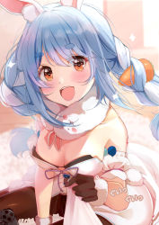 Rule 34 | 1girl, :d, animal ear fluff, animal ears, arm cuffs, black gloves, black leotard, blue hair, blurry, blurry background, blush, braid, breasts, calligraphy brush (medium), carrot hair ornament, cleavage, clothes pull, coat, commentary, controller, don-chan (usada pekora), eyelashes, food-themed hair ornament, fur-trimmed coat, fur-trimmed gloves, fur scarf, fur trim, game controller, gloves, hair between eyes, hair ornament, highres, hololive, leotard, light blue hair, long hair, looking at viewer, medium breasts, multicolored hair, nira (vira), off-shoulder coat, off shoulder, open mouth, playboy bunny, pom pom (clothes), rabbit ears, rabbit girl, red eyes, shirt pull, smile, solo focus, sparkle, symbol-shaped pupils, thick eyebrows, translated, twin braids, twintails, two-tone hair, usada pekora, usada pekora (1st costume), virtual youtuber, white coat, white hair
