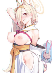Rule 34 | 1girl, animal ears, arm behind back, arm behind head, arm up, ataruman, bare shoulders, between breasts, blonde hair, blue archive, blush, breasts, breasts out, brown eyes, clothes between breasts, cowboy shot, fox ears, hair over one eye, hairband, halo, hand fan, hip vent, japanese clothes, kaho (blue archive), large breasts, looking at viewer, mole, mole under mouth, nipples, obi, sash, simple background, smile, white background