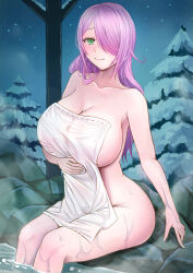 Rule 34 | 1girl, azur lane, breasts, covering privates, green eyes, hair down, hair over one eye, highres, huge breasts, light smile, long hair, looking at viewer, night, nude cover, official alternate costume, official alternate hairstyle, onsen, outdoors, pine tree, rock, sai-go, sitting, snow, soaking feet, solo, towel, tree, trieste (amore termico) (azur lane), trieste (azur lane), wading, water, wet, wet towel, white towel, winter