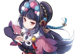Rule 34 | 1girl, black corset, black hair, blunt bangs, bonnet, capelet, corset, earrings, eyeshadow, flower knot, fur collar, genshin impact, has bad revision, has downscaled revision, highres, hime cut, jewelry, long hair, long sleeves, makeup, md5 mismatch, multicolored clothes, multicolored headwear, nyanya, pink capelet, purple headwear, red eyes, red eyeshadow, resolution mismatch, sleeves past wrists, solo, source smaller, tassel, tassel earrings, twitter username, vision (genshin impact), yun jin (genshin impact)
