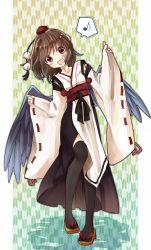 Rule 34 | 1girl, :d, alternate costume, black thighhighs, blush, brown hair, female focus, highres, kourindou tengu costume, looking at viewer, musical note, open mouth, outline, quaver, red eyes, shameimaru aya, sleeves past wrists, smile, solo, spoken musical note, thighhighs, touhou, wings, yuya (night lily)