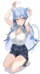 Rule 34 | 1girl, ahoge, alternate costume, animal ears, antenna hair, armpits, arms up, blouse, blue hair, breasts, cat ears, cat girl, cat tail, cleavage, closed mouth, collared shirt, full body, hair between eyes, half updo, heart, heart ahoge, highres, hololive, kanzarin, kneeling, large breasts, long hair, looking at viewer, paw pose, plaid, plaid skirt, pointy ears, school uniform, serafuku, shirt, shirt tucked in, short sleeves, simple background, skirt, smile, solo, tail, very long hair, virtual youtuber, white background, white shirt, yellow eyes, yukihana lamy