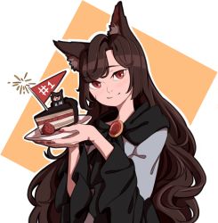 Rule 34 | 1girl, animal ears, blush, brooch, brown hair, cake, chocolate cake, dress, flag, food, imaizumi kagerou, jewelry, long hair, long sleeves, looking at viewer, mefomefo, open mouth, red eyes, simple background, skirt, smile, solo, tail, touhou, werewolf, wide sleeves, wolf ears, wolf tail