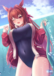Rule 34 | 1girl, absurdres, animal ears, blue one-piece swimsuit, blush, breasts, brown hair, covered navel, cowboy shot, daiwa scarlet (umamusume), fang, hair intakes, hair ribbon, hands up, highres, holding, holding hose, horse ears, horse girl, hose, jacket, large breasts, long hair, long sleeves, looking at viewer, neko punch (user hddm3373), one-piece swimsuit, one eye closed, open clothes, open jacket, open mouth, red eyes, red jacket, red ribbon, ribbon, sidelocks, skin fang, smile, solo, swimsuit, umamusume, water, wet, wet clothes