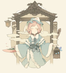 Rule 34 | 1girl, architecture, bug, butterfly, east asian architecture, hand fan, hat, insect, japanese clothes, koukou (climacool), multiple girls, paper fan, pink hair, ribbon, saigyouji yuyuko, smile, solo, touhou, triangular headpiece
