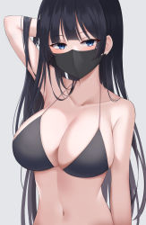 Rule 34 | 1girl, absurdres, arm behind head, arm up, armpits, bikini, biya (1024), black bikini, black hair, blue eyes, blush, breasts, cleavage, collarbone, earrings, highres, jewelry, large breasts, long hair, looking at viewer, mask, mouth mask, navel, original, simple background, solo, stomach, straight hair, swimsuit, upper body, very long hair, white background