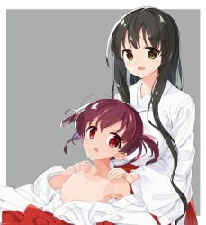 Rule 34 | 2girls, :o, bare shoulders, black hair, blush, breasts, brown eyes, brown hair, collarbone, eyebrows, female focus, flat chest, grey background, hands on another&#039;s shoulders, highres, iwato kasumi, japanese clothes, large breasts, long hair, looking at viewer, miko, multiple girls, no bra, no nipples, numenume (powa-ogutyogutyo), off shoulder, one-piece tan, open clothes, open mouth, red eyes, saki (manga), short hair, short twintails, sidelocks, simple background, tan, tanline, twintails, usuzumi hatsumi, wide sleeves, yellow eyes