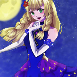 Rule 34 | 1girl, blonde hair, blush, bow, braid, cowboy shot, creatures (company), dress, elbow gloves, floating hair, flower, full moon, game freak, gloves, gradient dress, green eyes, hair bow, hair flower, hair ornament, hand on own chin, hands up, lillie (pokemon), looking at viewer, moon, nintendo, open mouth, pokemon, pokemon masters ex, purple dress, sleeveless, sleeveless dress, star (symbol), starry background, teeth, twin braids, upper teeth only, white gloves