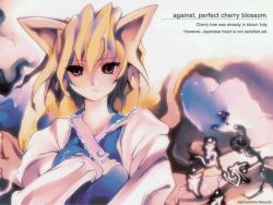 Rule 34 | 1girl, animal ears, blonde hair, blush, breast press, breasts, english text, engrish text, female focus, fox ears, hair between eyes, long sleeves, looking at viewer, open mouth, parted lips, purple eyes, ranguage, solo, touhou, traditional clothes, unaligned breasts, upper body, yakumo ran