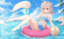 Rule 34 | 1girl, :q, absurdres, ahoge, anklet, ball, barefoot, beachball, bikini, bow, cloud, feet, frilled bikini, frills, grey hair, hair bow, highres, hokori sakuni, innertube, jewelry, legs up, looking at viewer, midriff, navel, necklace, palm tree, red bow, red eyes, seal (animal), shirakami haruka, short hair, sitting, sky, solo, stomach, swim ring, swimsuit, tongue, tongue out, tree, two side up, v, virtual youtuber, water